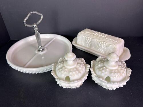 Vintage Milk Glass Grape & Leaf Serving Set &ndash; Divided Tray, Butter Dish & Lidded Condiment Pots