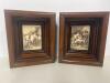 Pair Deep Wooden Framed Sepia Toned Prints Children with Cats & Woman on Horseback 6 x 5