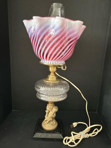 Lovely Cherub Table Lamp With Pink White Ruffled Swirl Shade