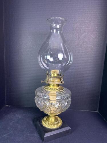 Vintage Glass and Brass Oil Lamp with Etched Pattern