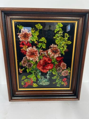 Vintage Reverse Painted And Crumpled Metallic Foil Floral Art