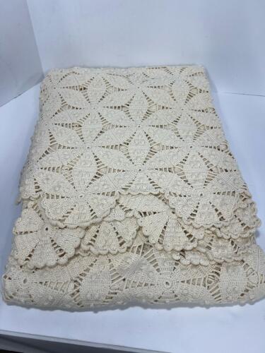 Hand Crocheted Scalloped Edge Cotton Lace Throw Blanket 48"x 59"