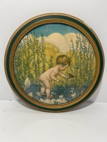 Vintage Round Framed Nursery Print Child with Bird