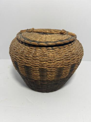 Large Woven Braided Handled Basket Natural and Green Stripe Pattern