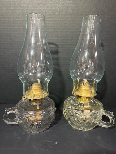 Pair Vintage Pressed Glass Finger Brass Burner Oil Lamps