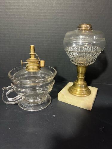 Pair of Vintage Glass Brass Table Oil Lamps Featuring Marble Base Brass And Snuffer Cap