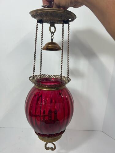 Vintage Brass & Cranberry Glass Hanging Pendant Lamp