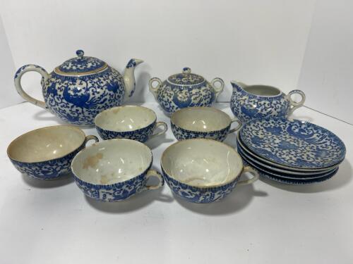 Japanese Blue & White Porcelain Phoenix Tea Set