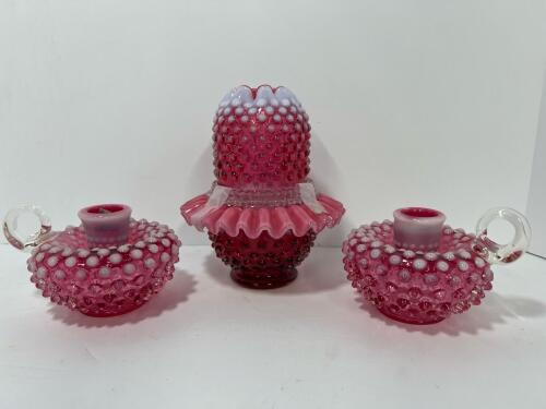 Signed Fenton Cranberry Opalescent Hobnail Fairy Lamp And Pair Chamber Candle Holders