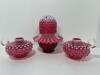 Signed Fenton Cranberry Opalescent Hobnail Fairy Lamp And Pair Chamber Candle Holders