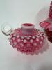 Signed Fenton Cranberry Opalescent Hobnail Fairy Lamp And Pair Chamber Candle Holders - 2