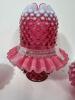 Signed Fenton Cranberry Opalescent Hobnail Fairy Lamp And Pair Chamber Candle Holders - 4