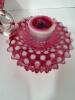 Signed Fenton Cranberry Opalescent Hobnail Fairy Lamp And Pair Chamber Candle Holders - 9
