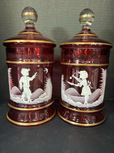 Cranberry Glass Lidded Jars Hand-Enameled Mary Gregory Style