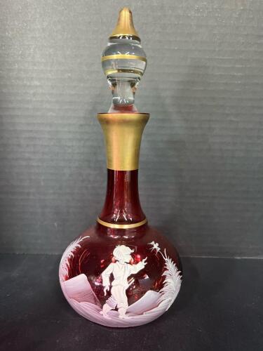 Mary Gregory Style Cranberry Glass Decanter with Hand-Painted Boy Scene
