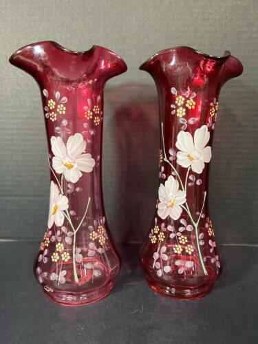Pair of Hand-Painted Cranberry Glass Vases with Floral Motifs