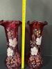 Pair of Hand-Painted Cranberry Glass Vases with Floral Motifs - 7