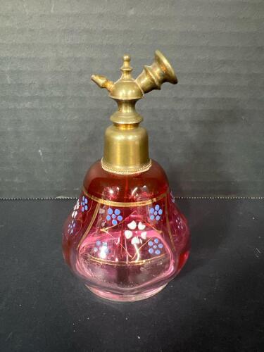 Vintage Hand-Painted Floral Cranberry Glass & Brass Perfume Atomizer