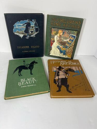 Set of 4 Antique Illustrated Children&rsquo;s Classics Featuring Treasure Island Black Beauty King Arthur