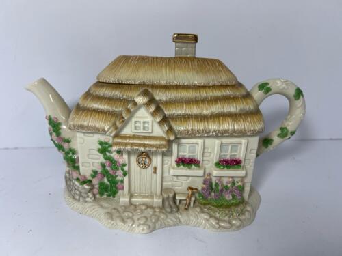 Hand Painted Cottage House Ceramic Teapot With Shamrock Handle And Floral Design,