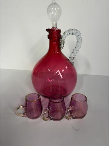 Cranberry Glass Decanter with Three Matching Cups