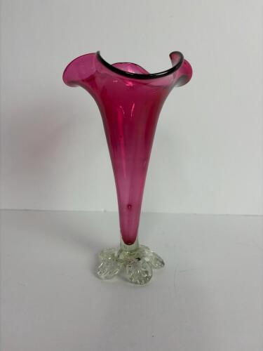 Hand-Blown Pink Glass Vase with Clear Floral Base