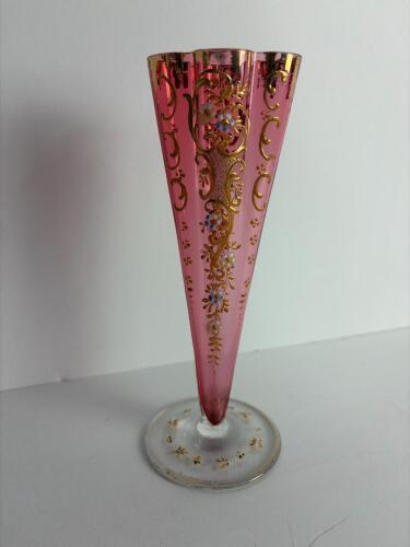 Hand-Painted Cranberry Glass Trumpet Vase