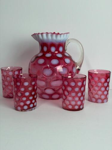 Cranberry Opalescent Coin Dot Glass Pitcher & Four Tumblers