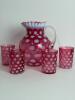 Cranberry Opalescent Coin Dot Glass Pitcher & Four Tumblers