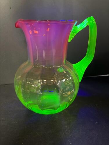 Vaseline Glass Pitcher with Cranberry Rim