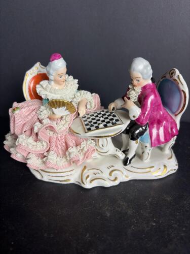 Porcelain Lace Figurine Couple Playing Chess