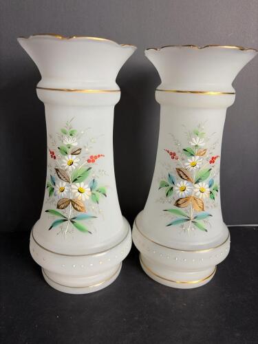 Pair Hand-Painted Floral Bristol Glass Vases