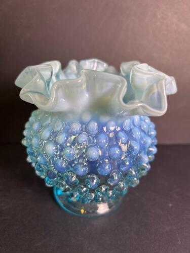 Small Blue Hobnail Opalescent Glass Vase With Ruffled Top