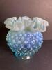 Small Blue Hobnail Opalescent Glass Vase With Ruffled Top