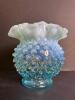 Small Blue Hobnail Opalescent Glass Vase With Ruffled Top - 2