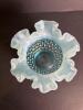 Small Blue Hobnail Opalescent Glass Vase With Ruffled Top - 3