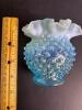 Small Blue Hobnail Opalescent Glass Vase With Ruffled Top - 5