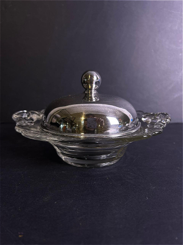 Glass Butter Dish With Silver-Tone Dome Lid