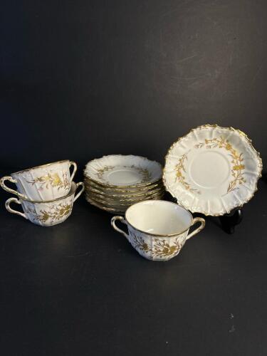 Limoges France Gold Gilt Soup Cups with Matching Saucers