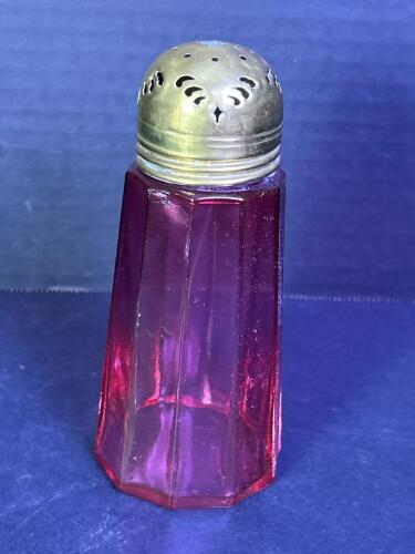 Vintage Cranberry Glass Sugar Shaker with Brass Lid
