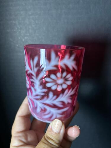 Victorian-Style Cranberry Glass Tumbler with Overlay Decoration