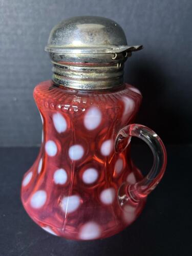 Victorian-Style Cranberry Glass Polka Dot Syrup Pitcher with Metal Lid