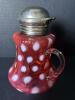 Victorian-Style Cranberry Glass Polka Dot Syrup Pitcher with Metal Lid