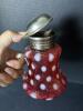 Victorian-Style Cranberry Glass Polka Dot Syrup Pitcher with Metal Lid - 2