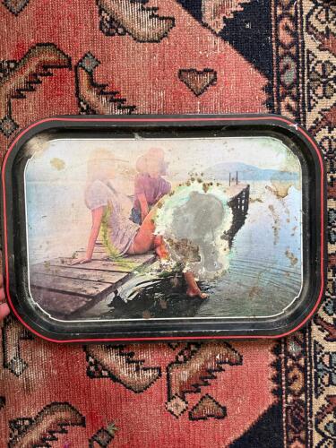 Vintage Metal Tray with Lake Dock Scene