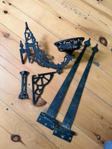 Assorted Cast Iron Hardware, Hinges and Ornate Wall Brackets