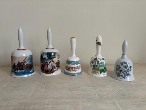 Porcelain Bells With American Revolution Scenes and Floral Motifs