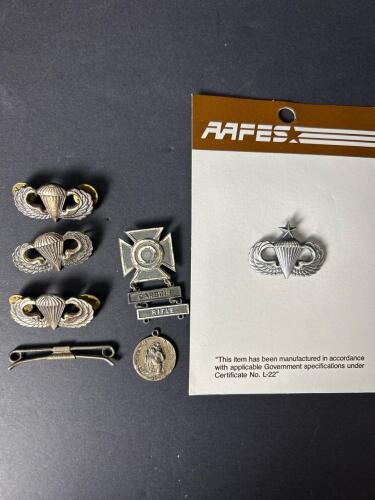 Sterling Silver & Plastic U.S. Paratrooper Badges, Rifle Medal, and Catholic Medal