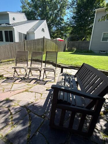 Wooden Outdoor Slat-Back Bench and Folding Chairs