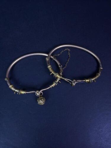 Pair of Ornate Hinged Metal Bangles with Dangle Charm